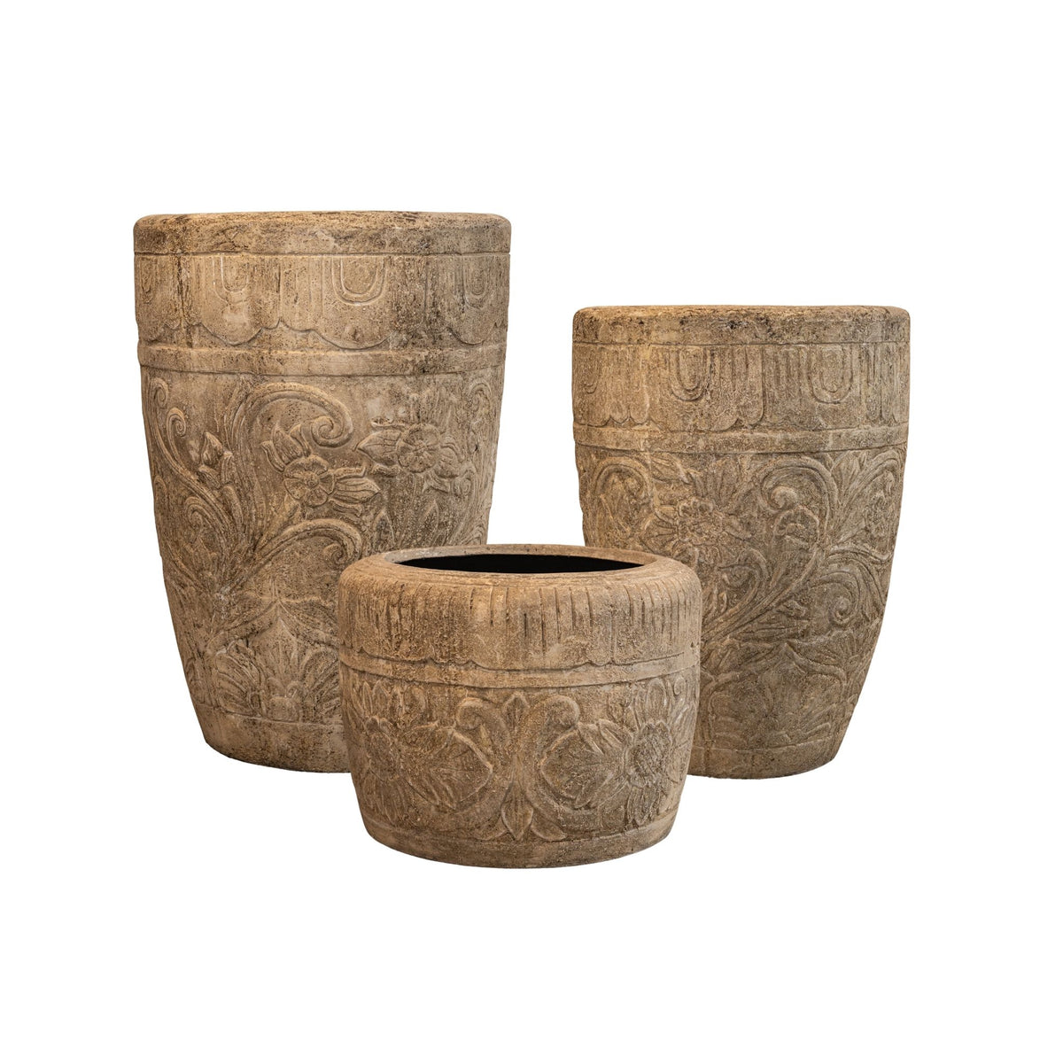 Sasha Pot rond en fibre de ciment crème motif fleur L PTMD