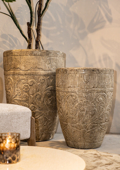 Sasha Pot rond en fibre de ciment crème motif fleur L PTMD