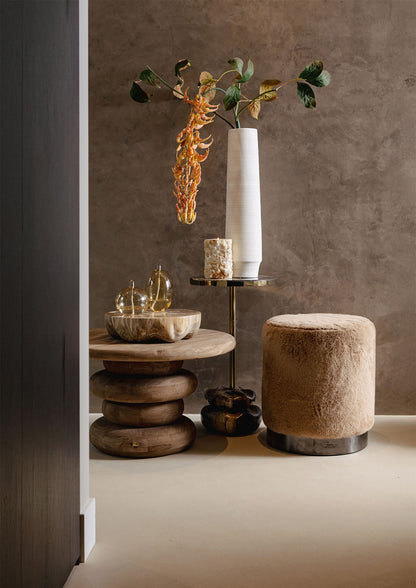 Pouf rond Cemile en tissu marron et fourrure PTMD