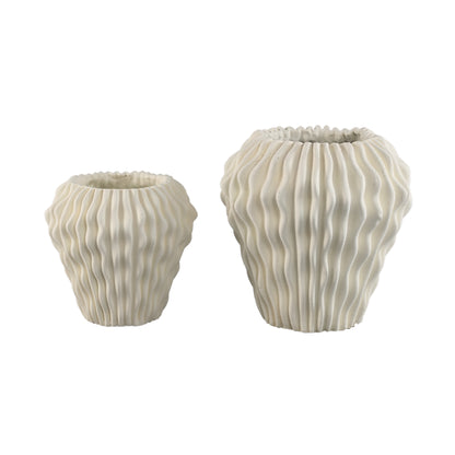 Vase rond Barren en ciment blanc, motif ondulé 3D, L PTMD