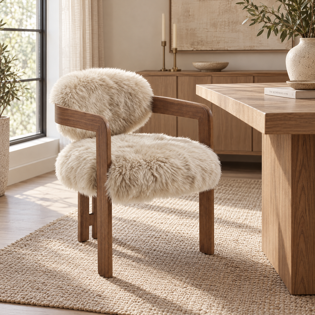 Chaise de salle à manger Avelon en véritable peau de mouton beige, bois de frêne, PTMD