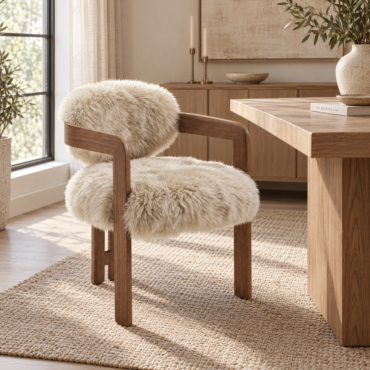 Chaise de salle à manger Avelon en véritable peau de mouton beige, bois de frêne, PTMD