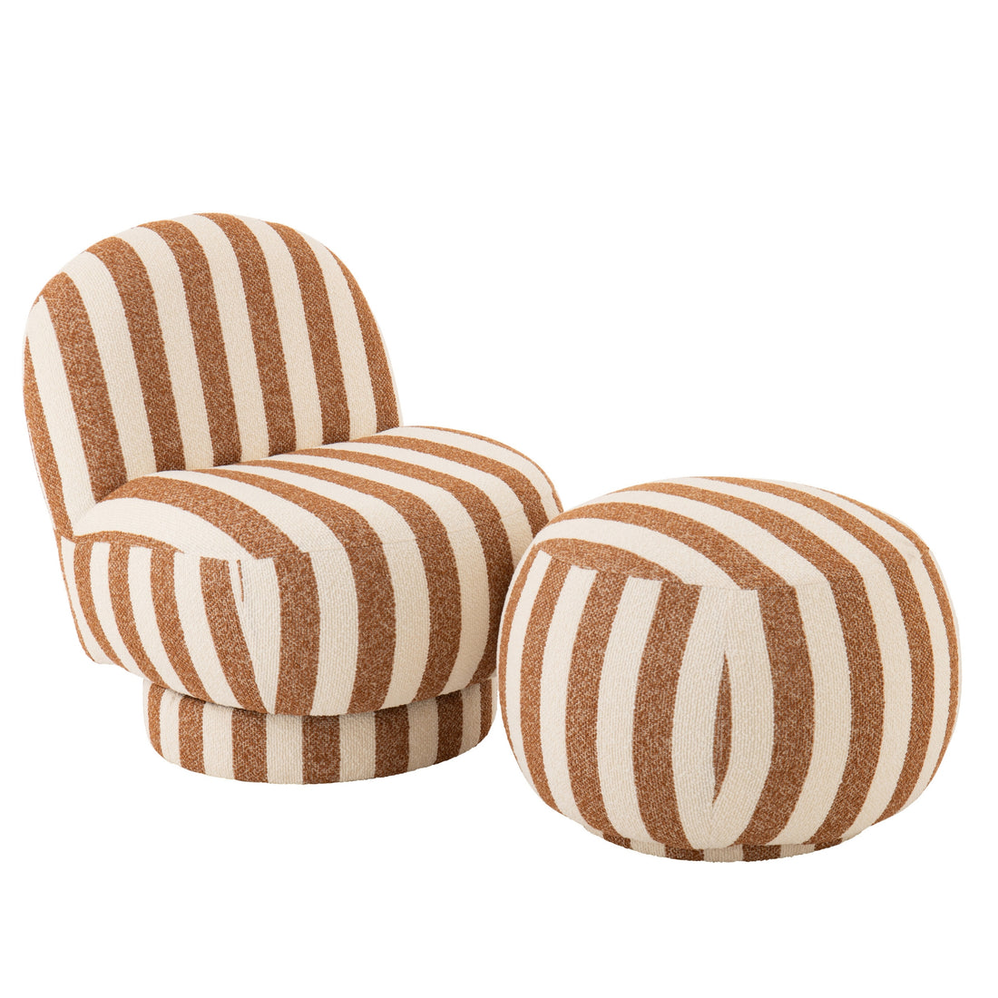Fauteuil avec pouf en tissu rayé camel/blanc cassé J-Line