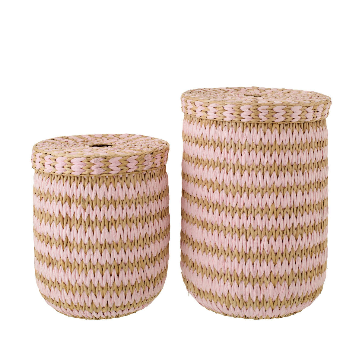 Lot de 2 paniers avec couvercle, bordure rayée naturel/rose clair J-Line