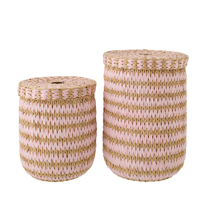 Lot de 2 paniers avec couvercle, bordure rayée naturel/rose clair J-Line
