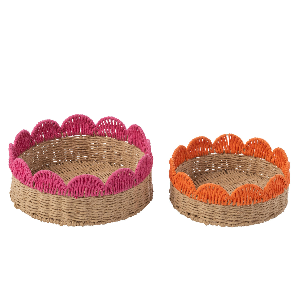 Lot de 2 plateaux décoratifs à bord festonné, papier rose/orange, J-Line