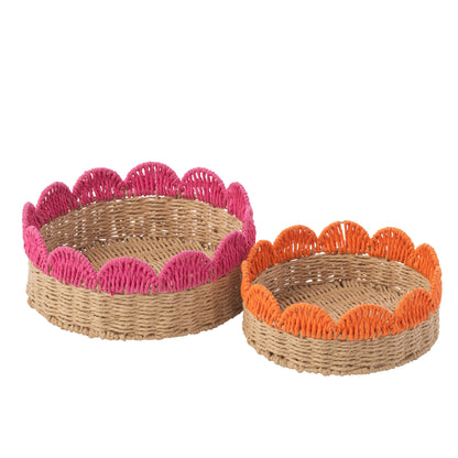 Lot de 2 plateaux décoratifs à bord festonné, papier rose/orange, J-Line