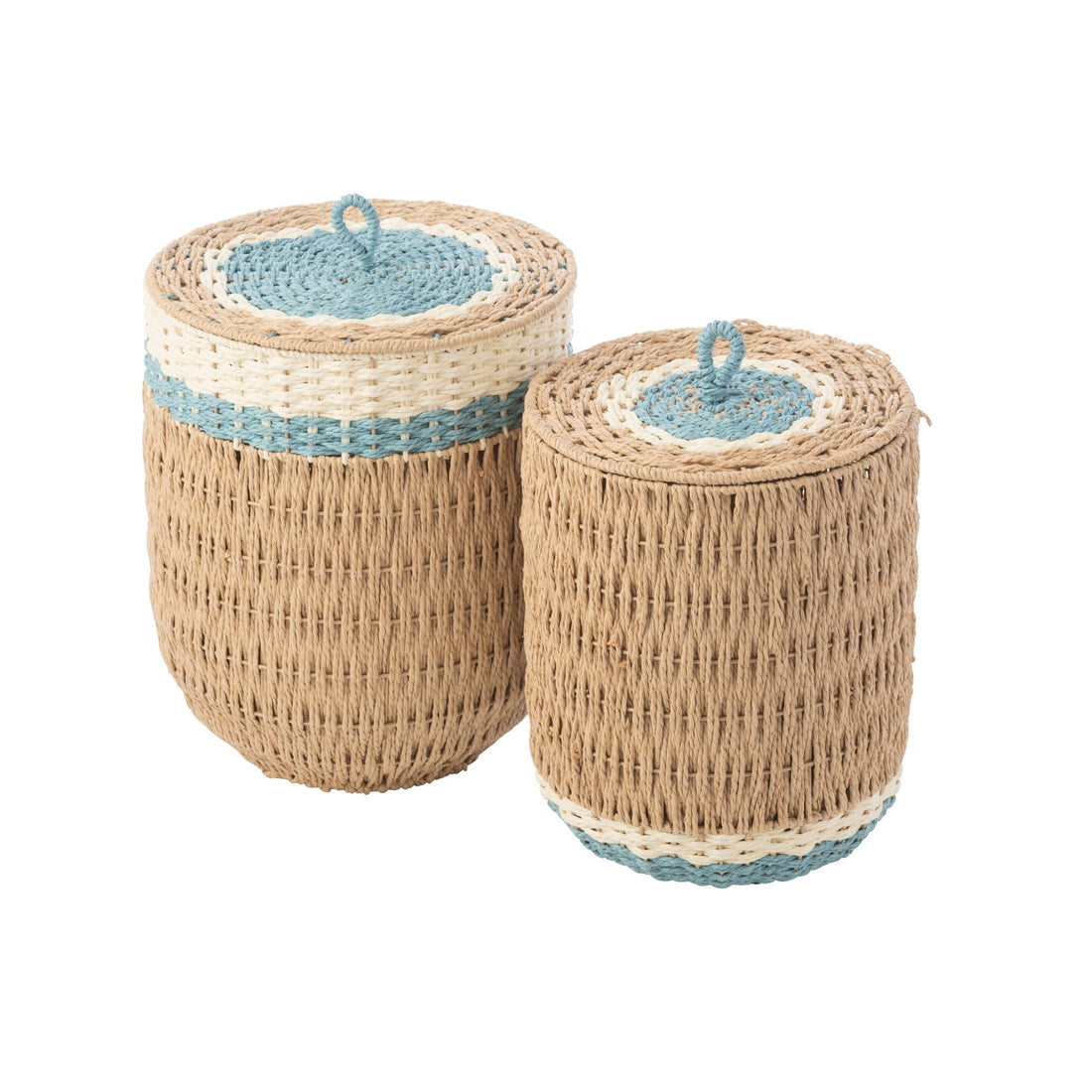 Lot de 2 Paniers Avec Couvercle Rayures Papier Naturel/Bleu Clair J-Line