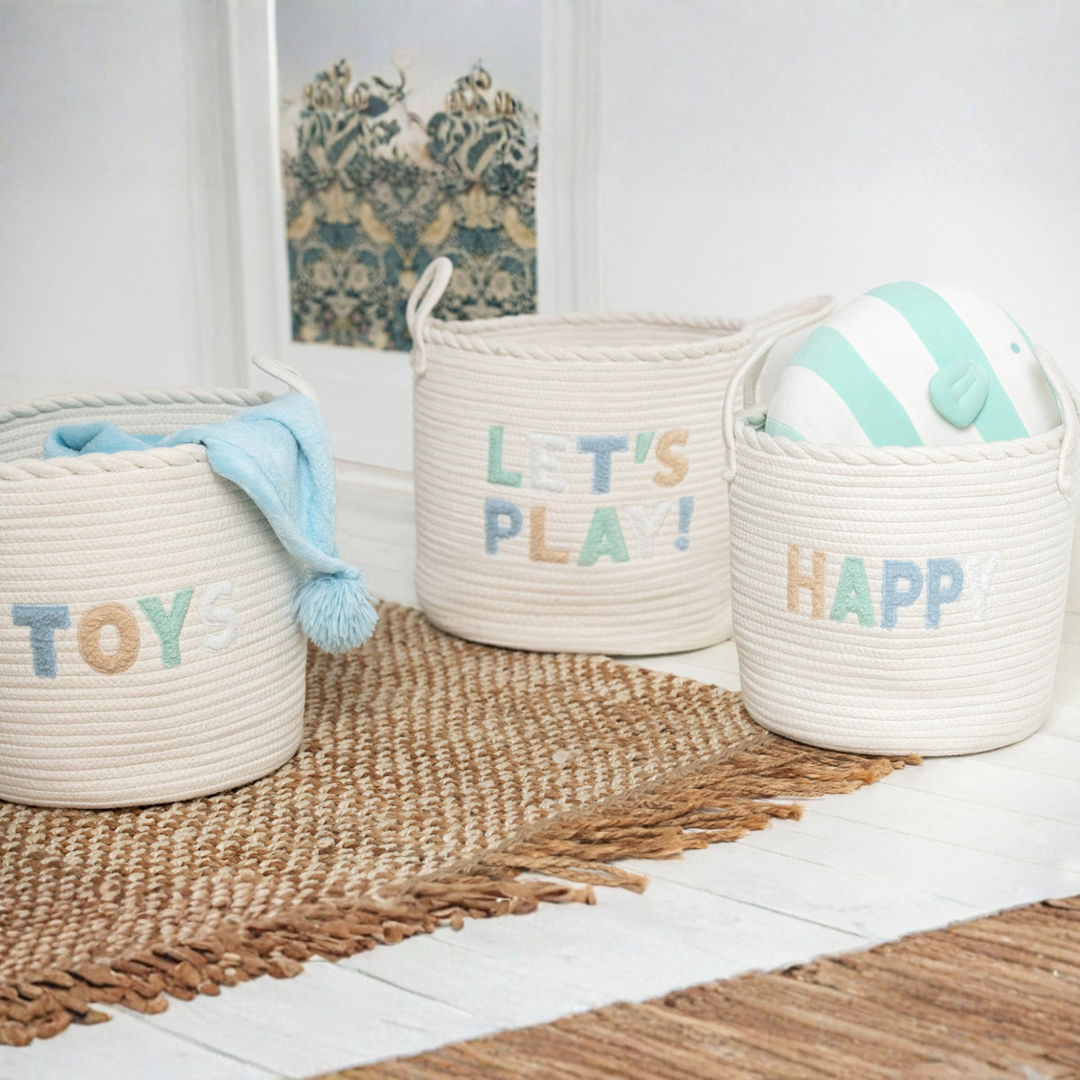 Lot de 3 paniers pour enfants en coton blanc/bleu clair J-Line