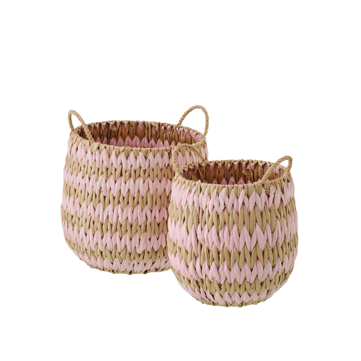 Lot de 2 Paniers Avec Poignées Bordure Rayée Naturel/Rose Clair J-Line