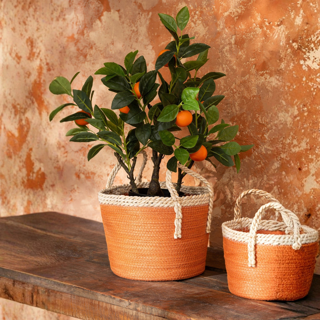 Lot de 3 paniers avec poignées en papier orange foncé/naturel J-Line