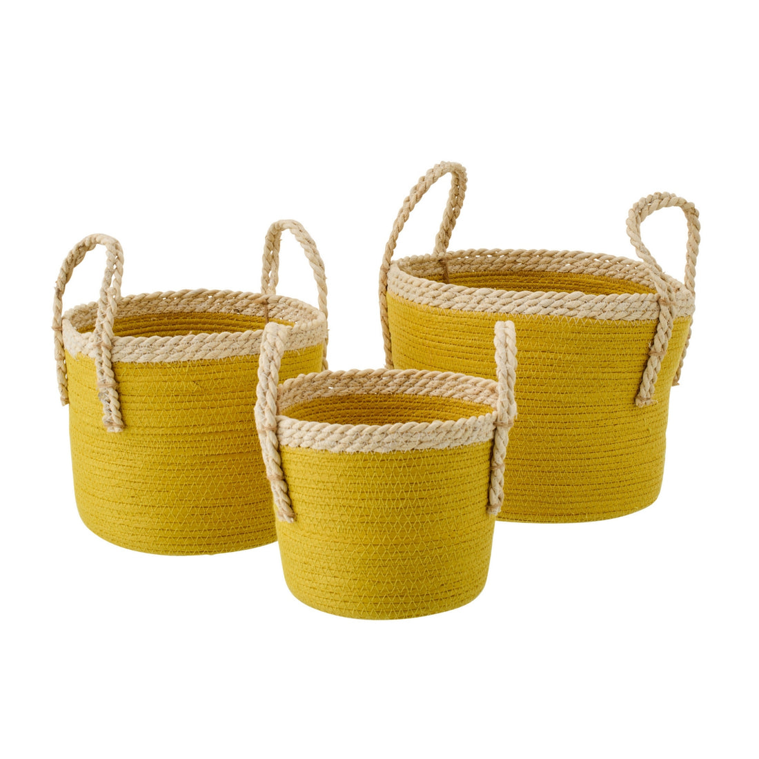 Lot de 3 paniers avec poignées en papier jaune moutarde/naturel J-Line