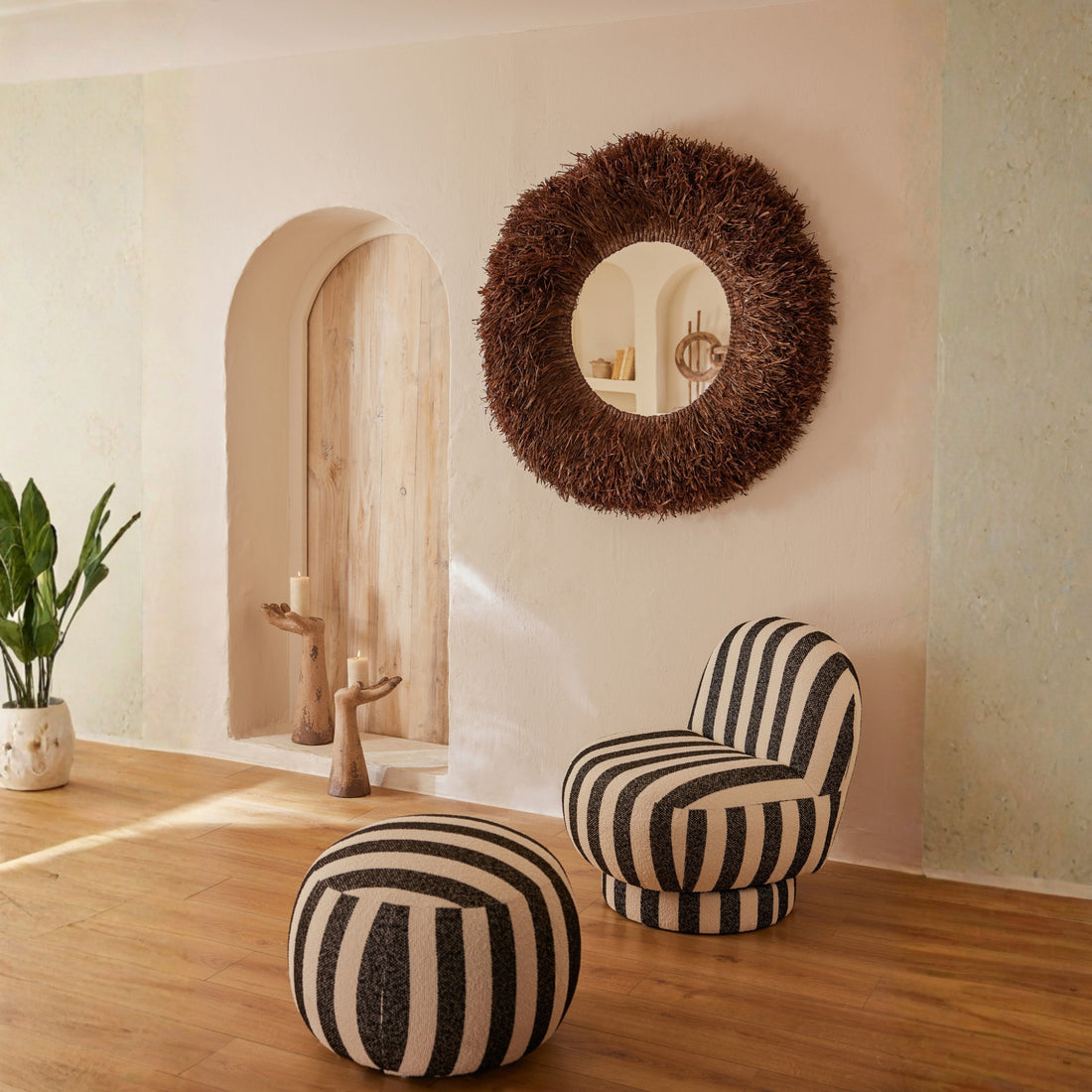 Miroir mural rond sisal marron foncé J-Line
