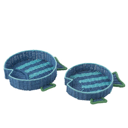 Plateau décoratif poisson en papier rayé bleu foncé/vert émeraude, lot de 2 J-Line