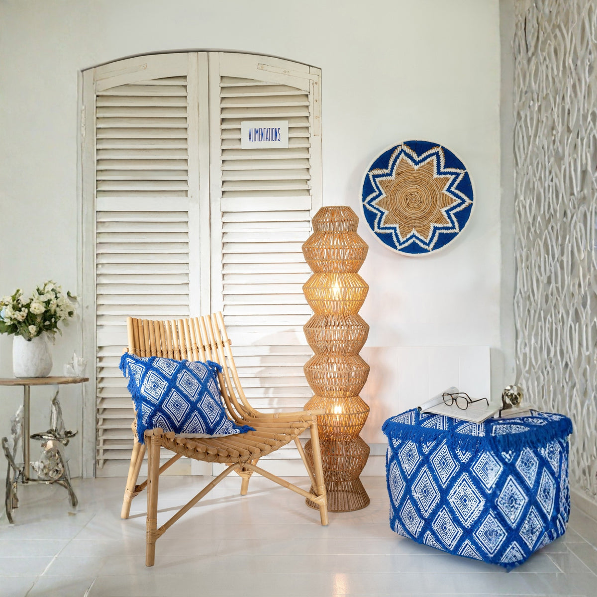 Pouf Motif Oriental Coton Bleu/Blanc J-Line