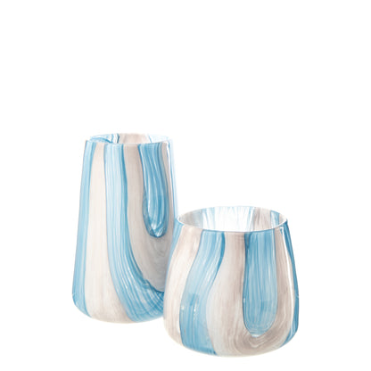 Photophore en verre rayé bleu azur/blanc, grand modèle J-Line