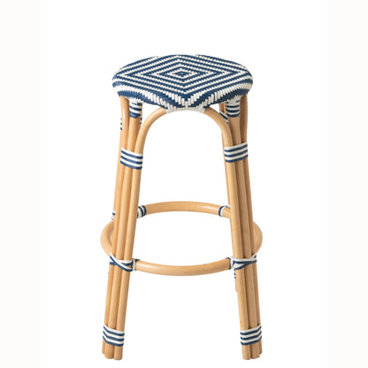 Tabouret de jardin géométrique rond en rotin bleu/blanc J-Line