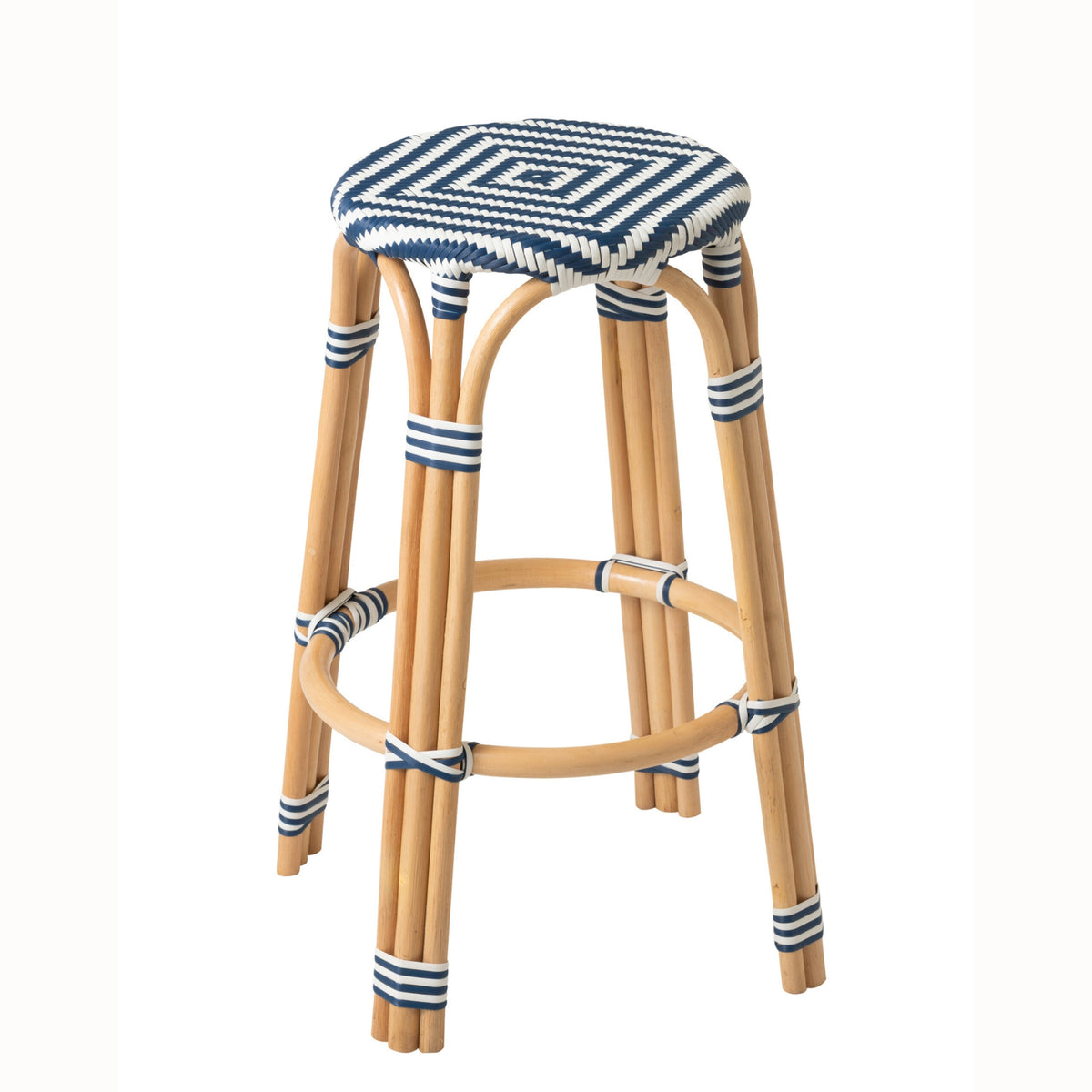 Tabouret de jardin géométrique rond en rotin bleu/blanc J-Line