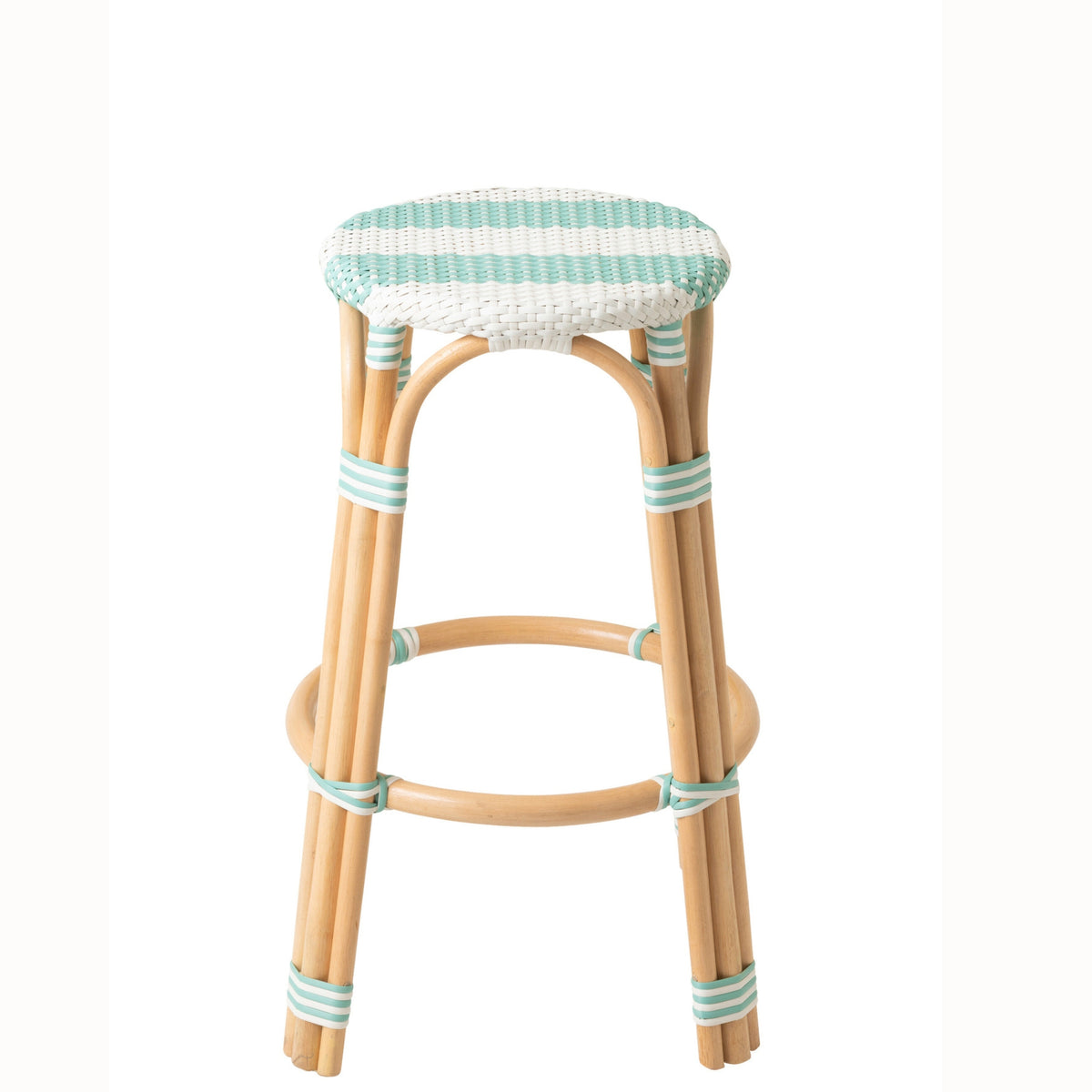 Tabouret de jardin géométrique rond en rotin bleu clair/blanc J-Line