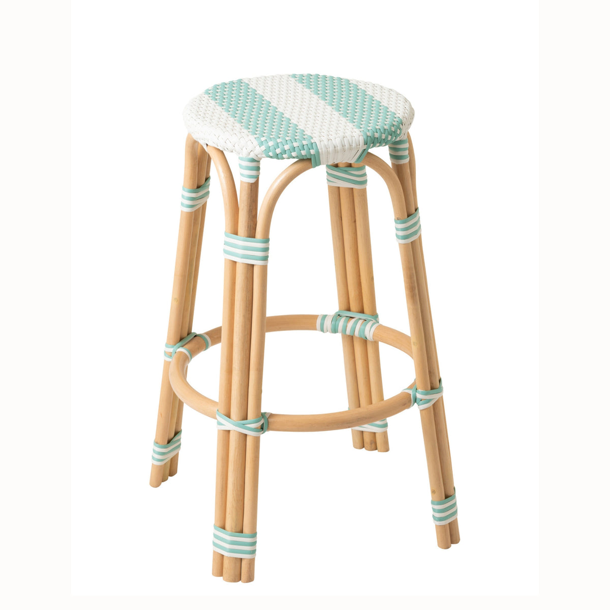 Tabouret de jardin géométrique rond en rotin bleu clair/blanc J-Line