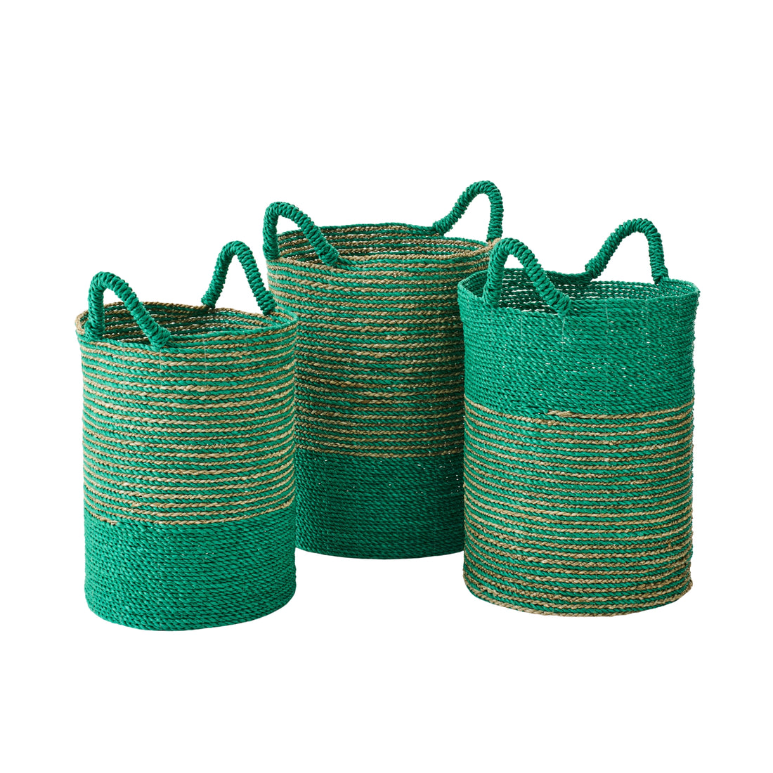 Lot de 3 Paniers en Raphia Rayés Vert Foncé/Naturel J-Line