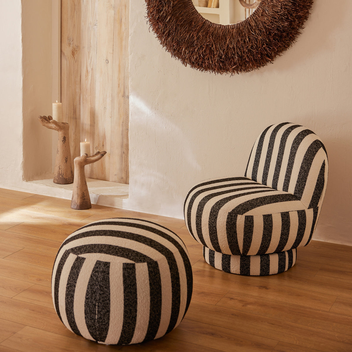 Pouf Rayé Noir/Blanc Cassé J-Line