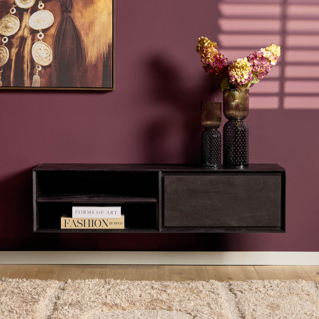 Meuble TV suspendu Ambiance Bois de manguier Noir 120cm Starfurn