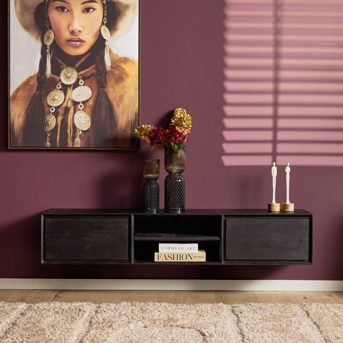 Meuble TV suspendu Ambiance Bois de manguier Noir 160cm Starfurn