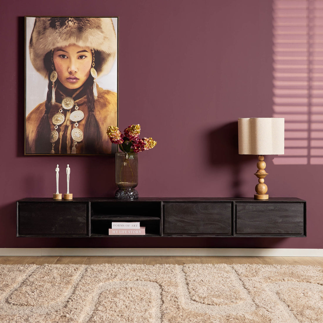 Meuble TV suspendu Ambiance Bois de manguier Noir 240cm Starfurn