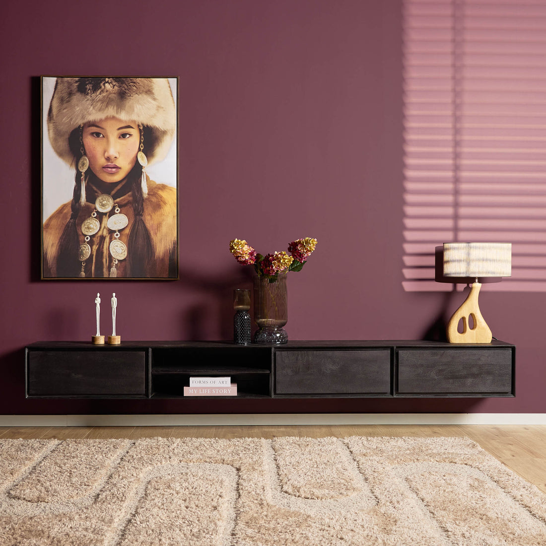 Meuble TV suspendu Ambiance Bois de manguier Noir 280cm Starfurn