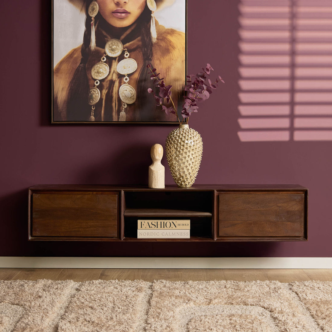 Meuble TV suspendu Ambiance Bois de manguier Marron 160cm Starfurn