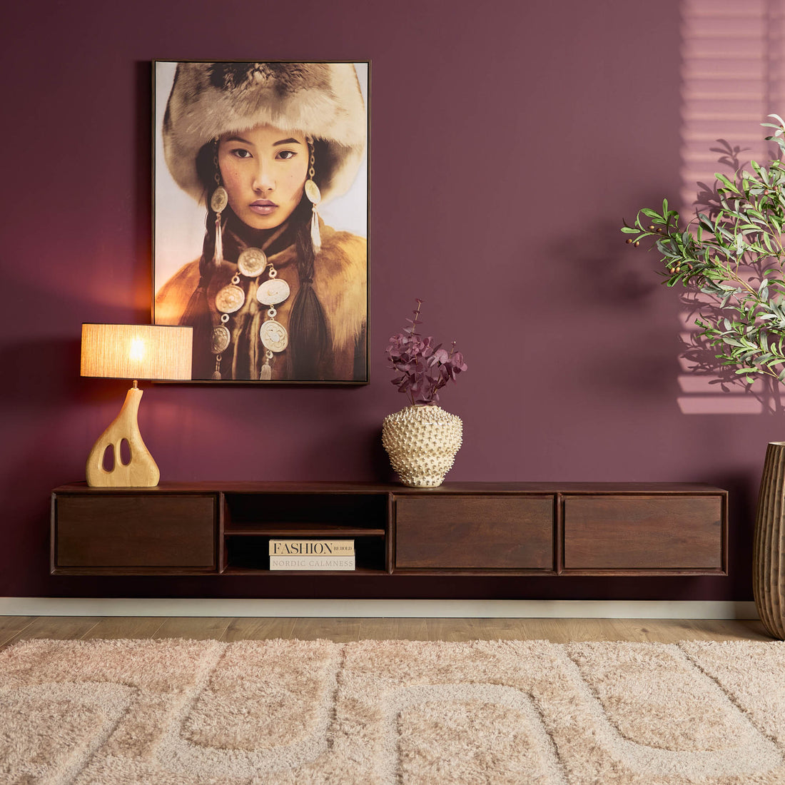 Meuble TV suspendu Ambiance Bois de Manguier Marron 240cm Starfurn