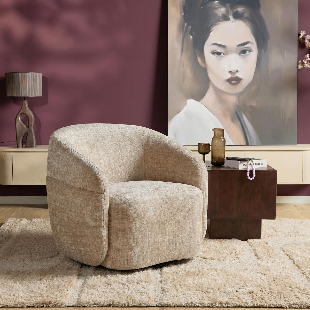 Fauteuil Yara pivotant en tissu beige Starfurn
