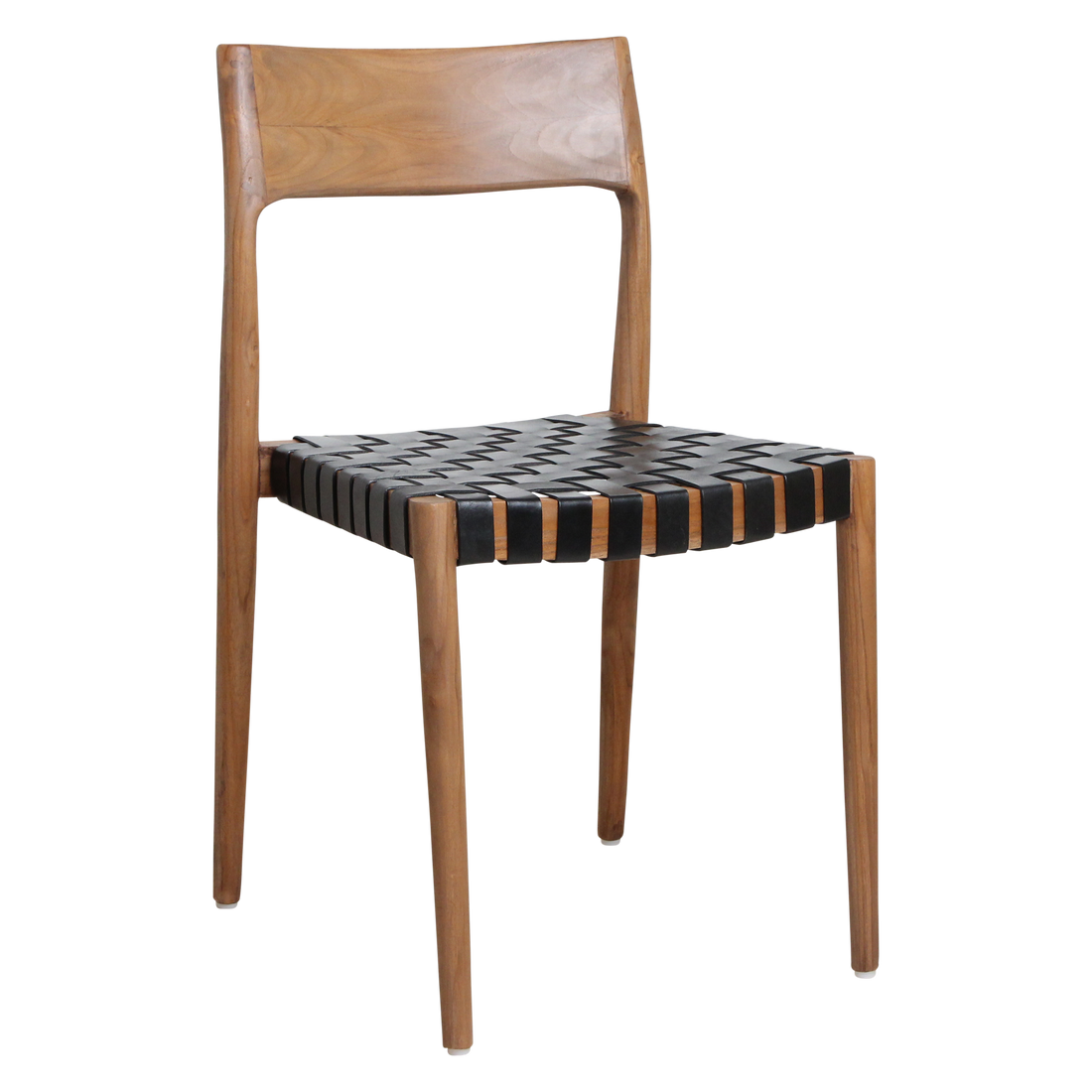Chaise de salle à manger en teck Freya sans accoudoirs, cuir noir, lot de 2, Raw Materials
