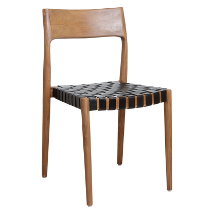 Chaise de salle à manger en teck Freya sans accoudoirs, cuir noir, lot de 2, Raw Materials