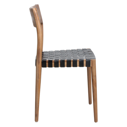 Chaise de salle à manger en teck Freya sans accoudoirs, cuir noir, lot de 2, Raw Materials