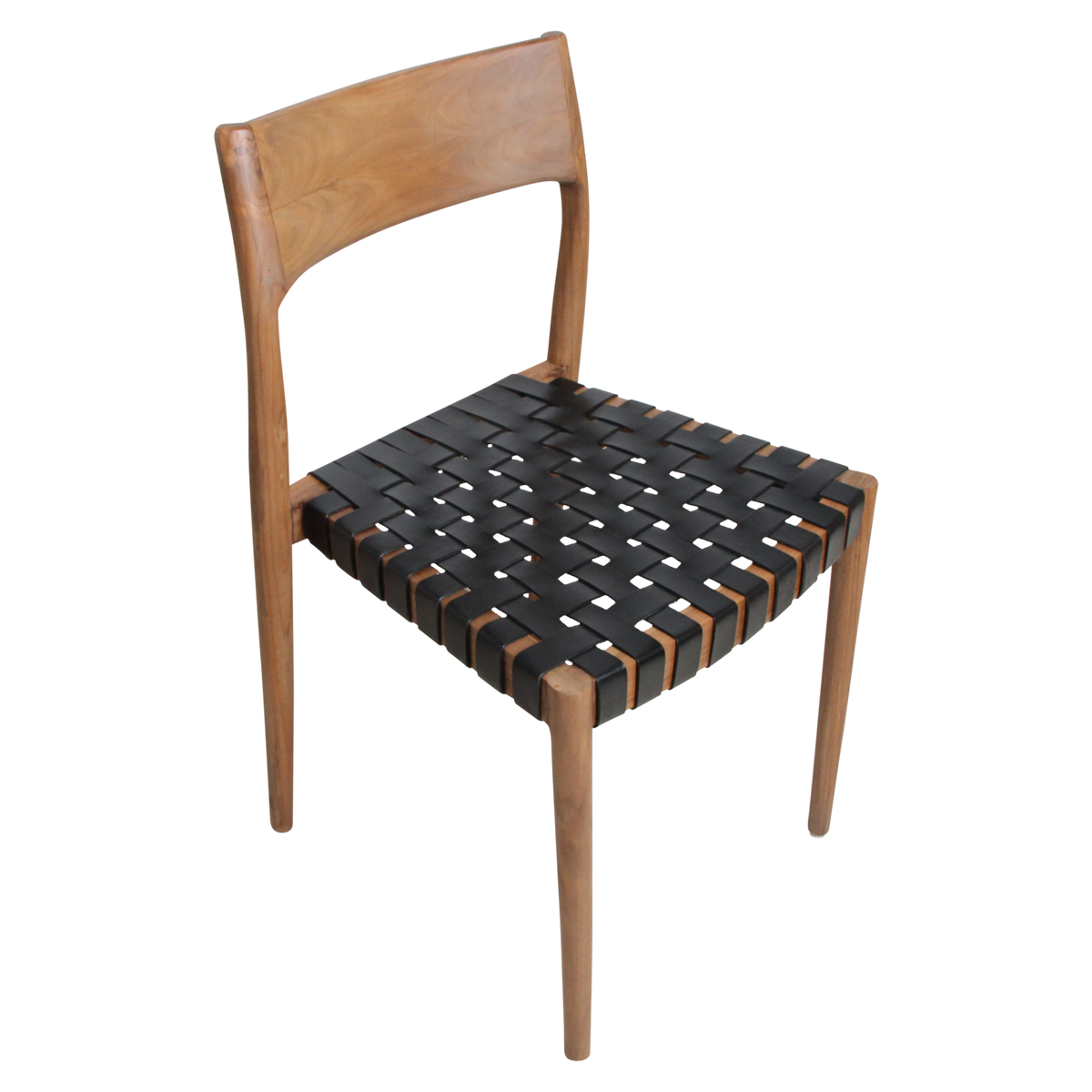 Chaise de salle à manger en teck Freya sans accoudoirs, cuir noir, lot de 2, Raw Materials