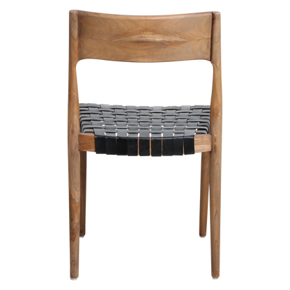 Chaise de salle à manger en teck Freya sans accoudoirs, cuir noir, lot de 2, Raw Materials