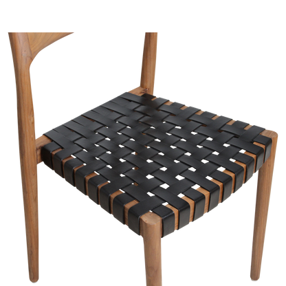 Chaise de salle à manger en teck Freya sans accoudoirs, cuir noir, lot de 2, Raw Materials
