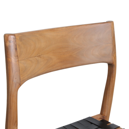 Chaise de salle à manger en teck Freya sans accoudoirs, cuir noir, lot de 2, Raw Materials