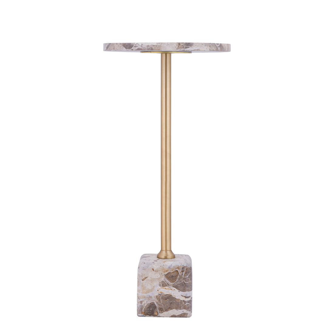 Bijzettafel Ebe Beige Marmer Rond Hoog van PTMD, rond marmeren blad op goudkleurige stang en marmeren voet