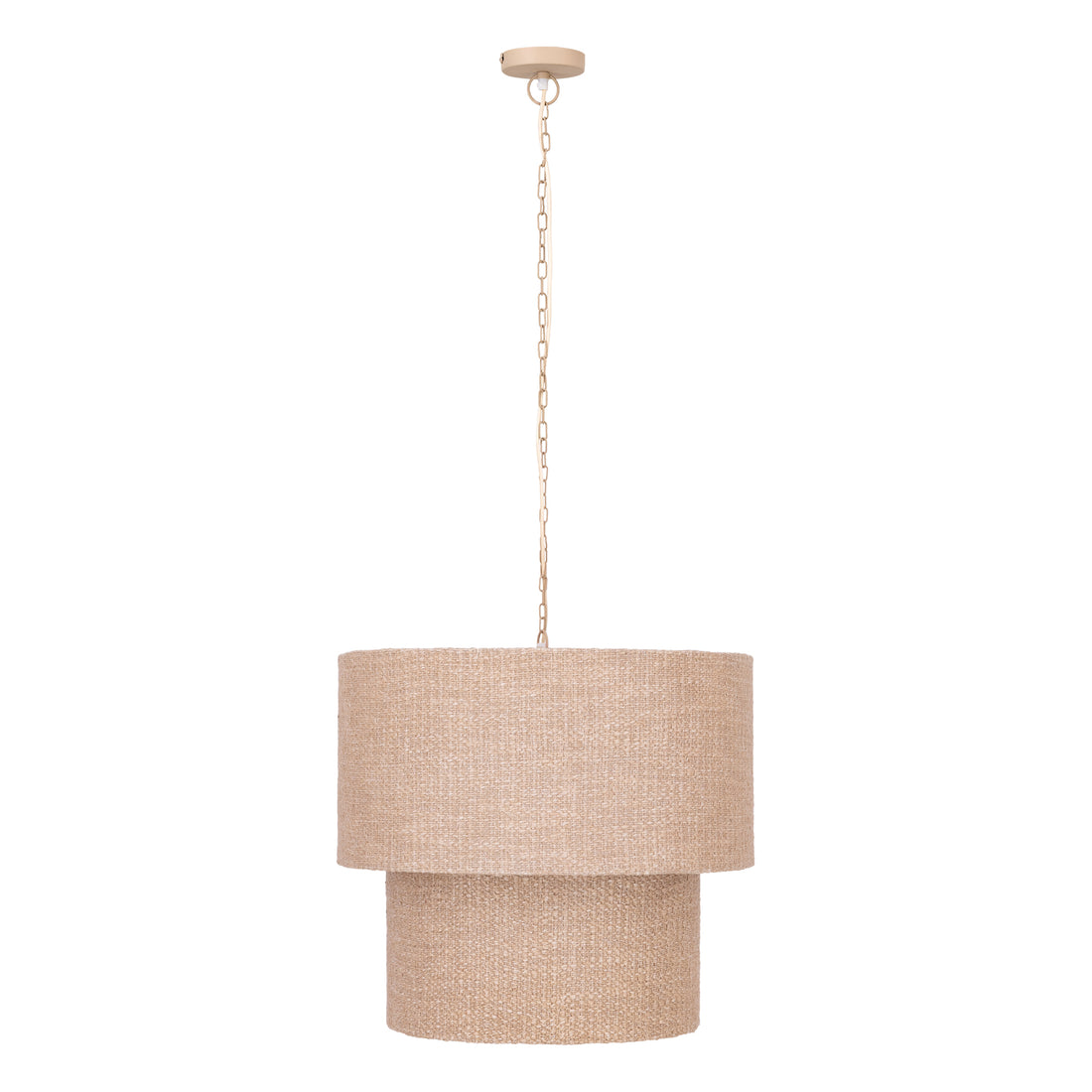 Devi hanglamp van PTMD, ronde dubbele kap van taupe stof met lang snoer op witte achtergrond
