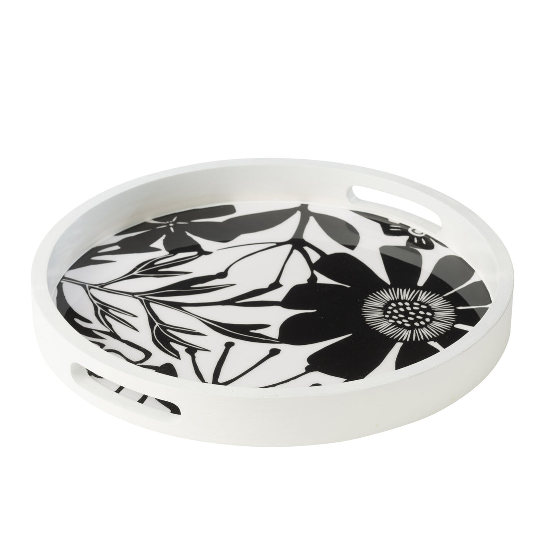 Plateau Rond Avec Poignées Fleurs Bois de Manguier Noir/Blanc J-Line
