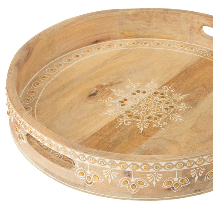 Dienbladen Met 2 Handvaten Kralen Mango Hout Naturel/Wit Set van 2 - Dienblad - J-Line - livinglovely.nl