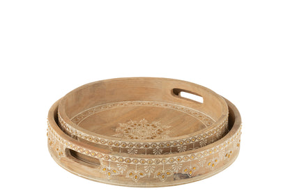 Dienbladen Met 2 Handvaten Kralen Mango Hout Naturel/Wit Set van 2 - Dienblad - J-Line - livinglovely.nl