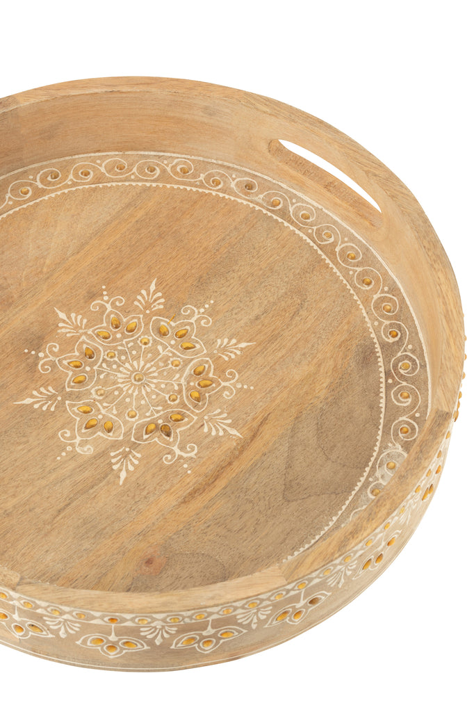 Dienbladen Met 2 Handvaten Kralen Mango Hout Naturel/Wit Set van 2 - Dienblad - J-Line - livinglovely.nl