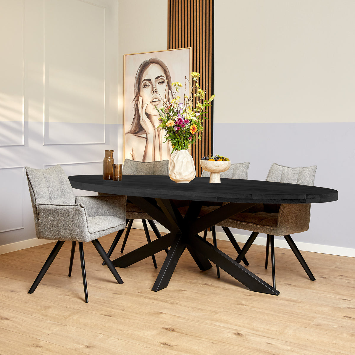 Eettafel Denver Mangohout Zwart Ovaal 300cm van Starfurn, ovale XL eettafel van drie meter zwart mangohout