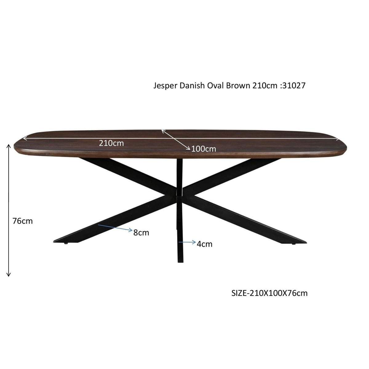 Afmetingen Eettafel Jesper 210cm: L210cm x B100cm x H76cm