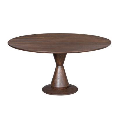 Eettafel Lima Bruin Rond 150cm van Starfurn, rond mangohouten blad op een taps toelopende poot