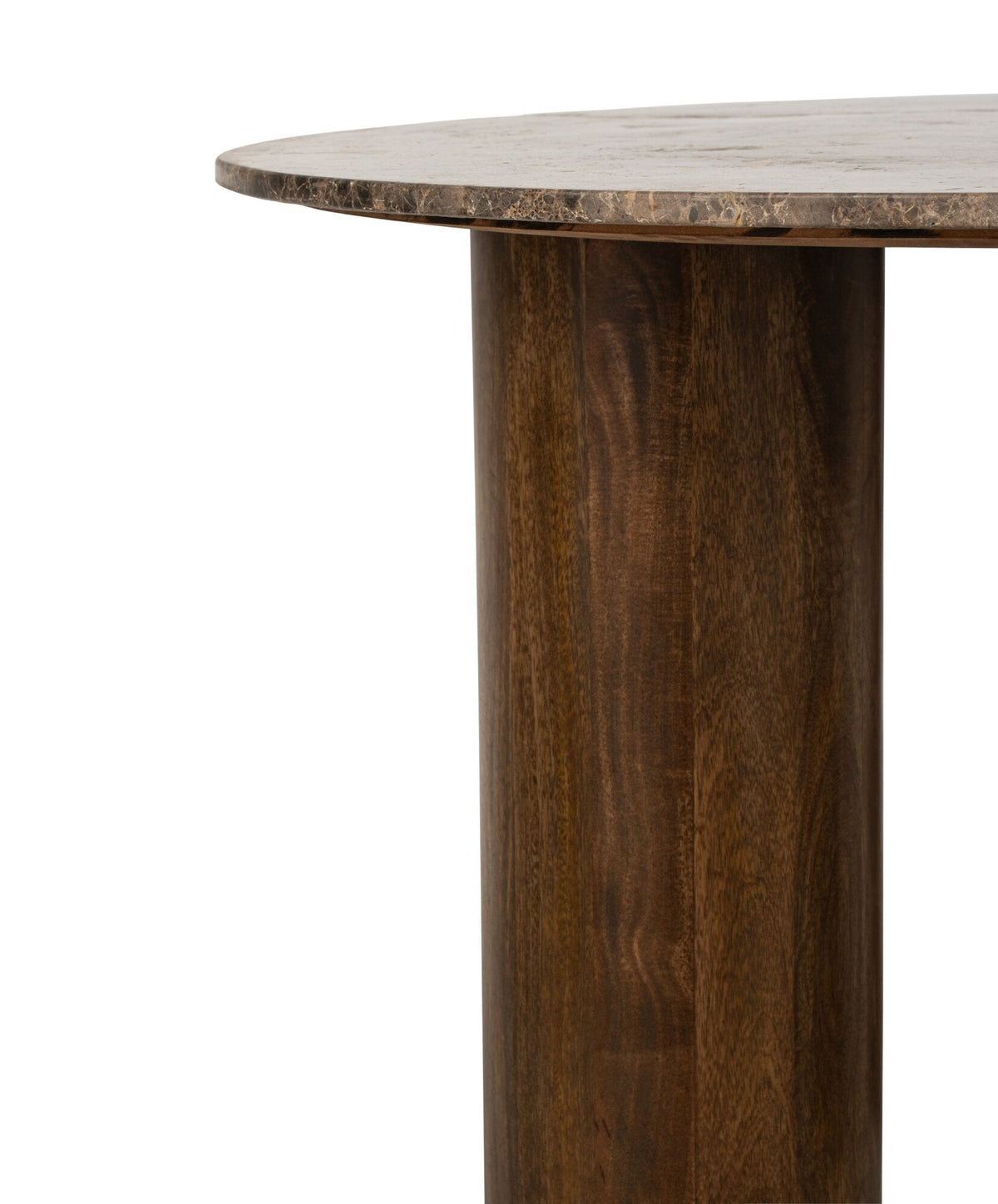 Close-up van de ronde poot van mangohout onder de marmeren eettafel van J-Line